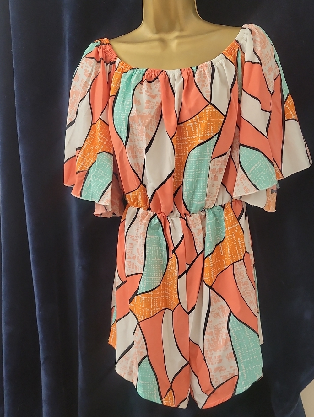 SHEIN Coral Mint Orange White Patterned Off-Shoulder Shorts Romper